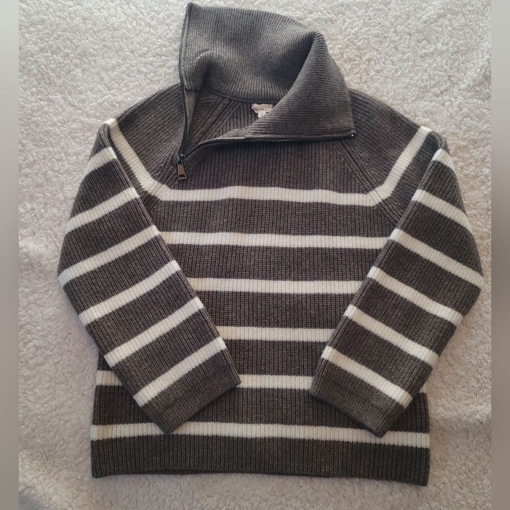 Hem & Thread Women's Size-S Olive and Cream Striped Cowl Neck Sweater